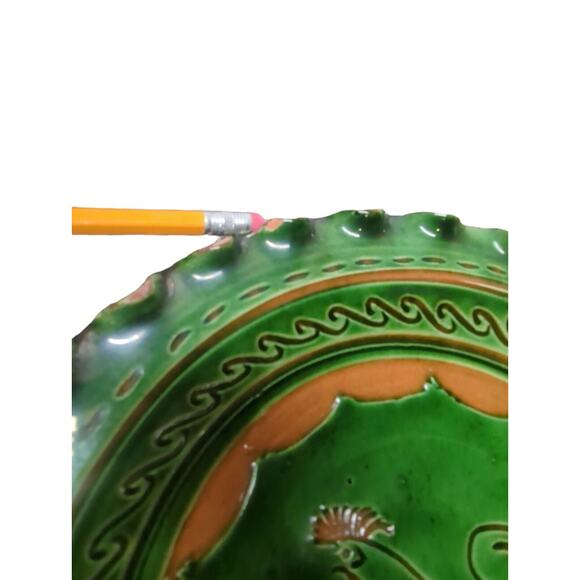 Vintage Mid Century Incised Carved Handmade Tito Ubeda Pottery Dish Green 9" - Picture 9 of 10